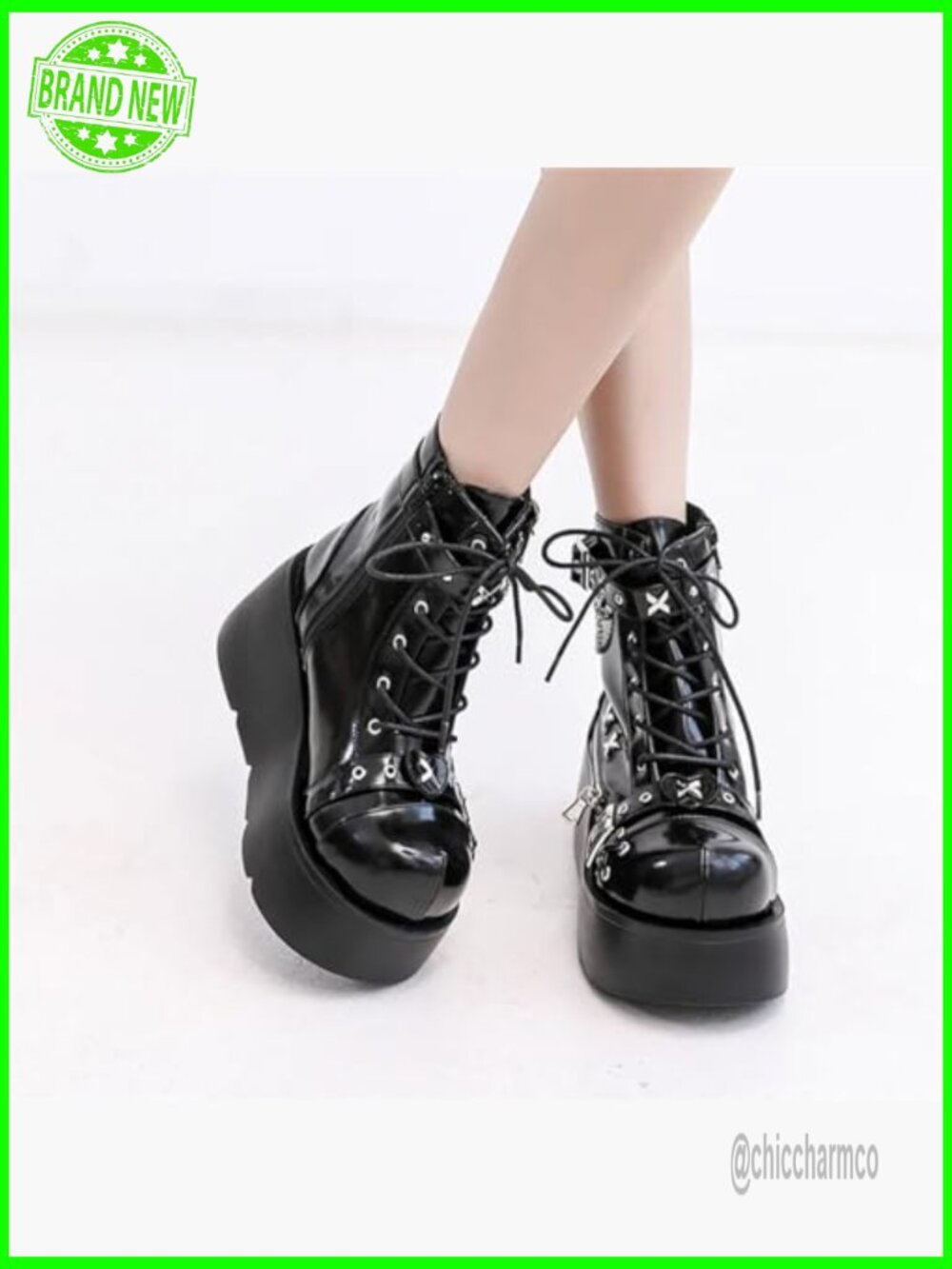 Gothic Chunky Block Heel Platform Ankle Boots with Bat Wing Buckle Punk Combat - Picture 5 of 6